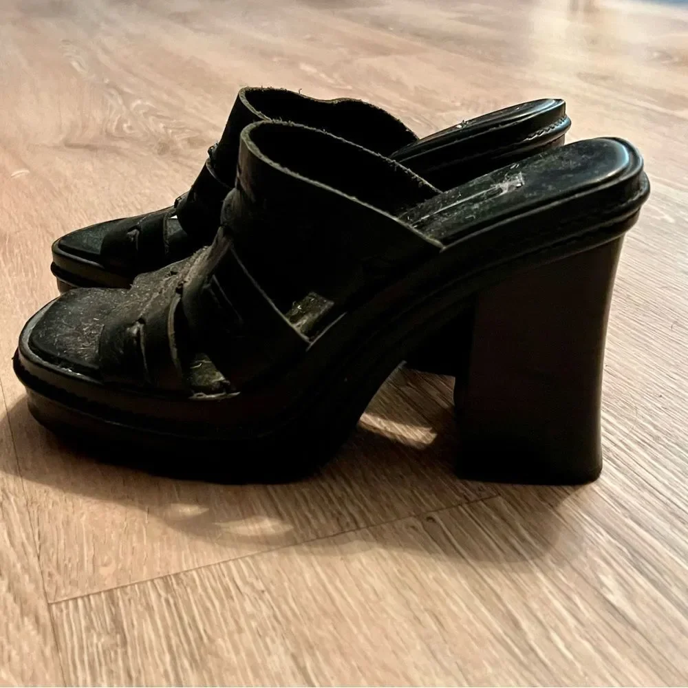 Y2K 90s Boho MIA Madden Chunky Leather Platform Slide Sandal Black Lug Sole 6.5